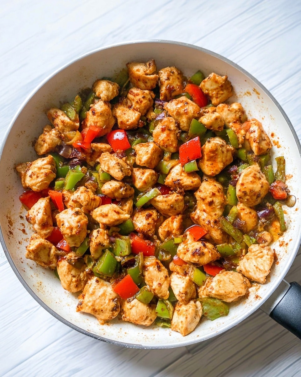 The image shows a white pan filled with cooked chicken chunks and mixed vegetables. The chicken pieces are golden brown with some parts slightly darker from cooking, spread evenly across the pan. Among the chicken, there are small chopped pieces of green and red bell peppers adding a mix of bright green and red colors. The pan sits on a white marbled surface which adds a clean look to the setting. Steam rises gently from the hot food, showing it is freshly cooked. photo taken with an iphone --ar 4:5 --v 7