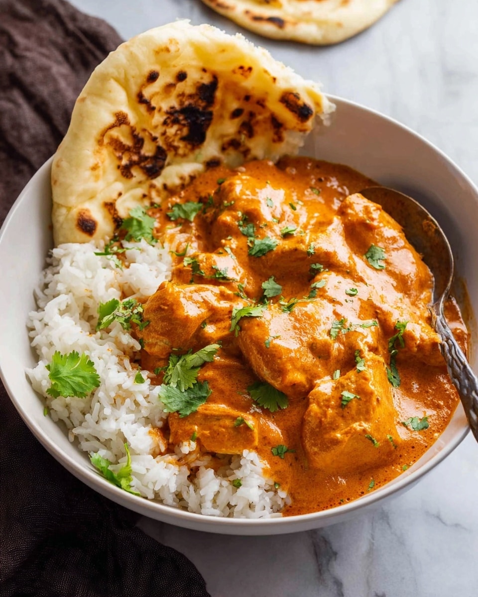 A white bowl holds a layered dish with a base of fluffy white rice, topped by several pieces of chicken covered in thick, creamy orange sauce. The sauce looks smooth with some texture and small green cilantro leaves scattered on top. A piece of folded naan bread with brown char marks leans against the edge of the bowl. A metal spoon is also inside the bowl near the naan. The background is a white marbled surface. Photo taken with an iphone --ar 4:5 --v 7