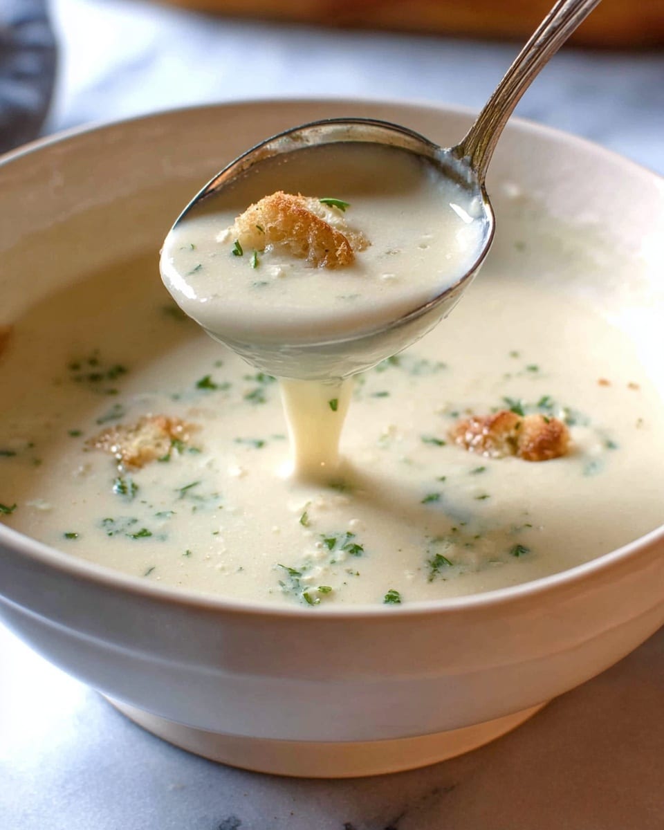 The image shows a close-up of a thick, creamy white soup being lifted by a silver ladle from a white bowl. The soup is smooth with a slightly shiny texture and has small green herb pieces and light brown croutons on its surface. The background is softly blurred with a white marbled surface visible under the bowl. Photo taken with an iphone --ar 4:5 --v 7