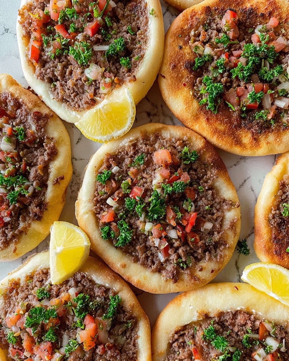 Several small round flatbreads are closely placed on a white marbled surface, each flatbread with a light golden crust. On top of each is a layer of minced meat mixed with small pieces of red tomato and white onion, with a slightly coarse texture and some fresh green parsley scattered across. There are a few lemon wedges placed among the flatbreads, adding a bright yellow contrast to the overall earthy colors. The scene is well-lit, showing clear and natural colors, photo taken with an iphone --ar 4:5 --v 7