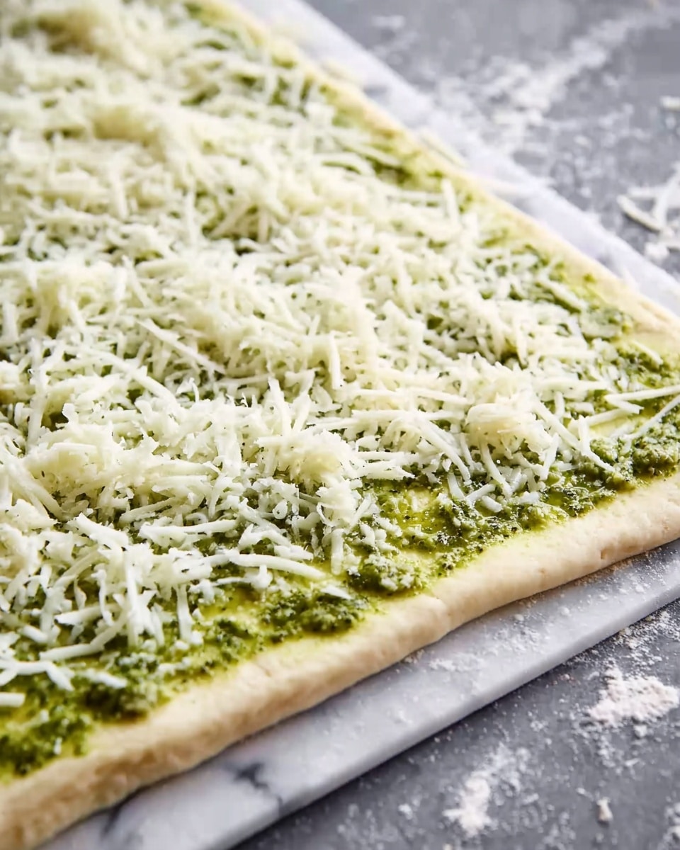 A close-up view of a flat rectangular dough layer spread thinly with a green pesto sauce, covering the entire surface evenly; on top of this is a generous layer of shredded white cheese scattered all over, giving a textured look with some cheese spilling over the edge onto the white marbled surface beneath. The edges of the dough are slightly thick, framing the toppings smoothly. Photo taken with an iphone --ar 4:5 --v 7