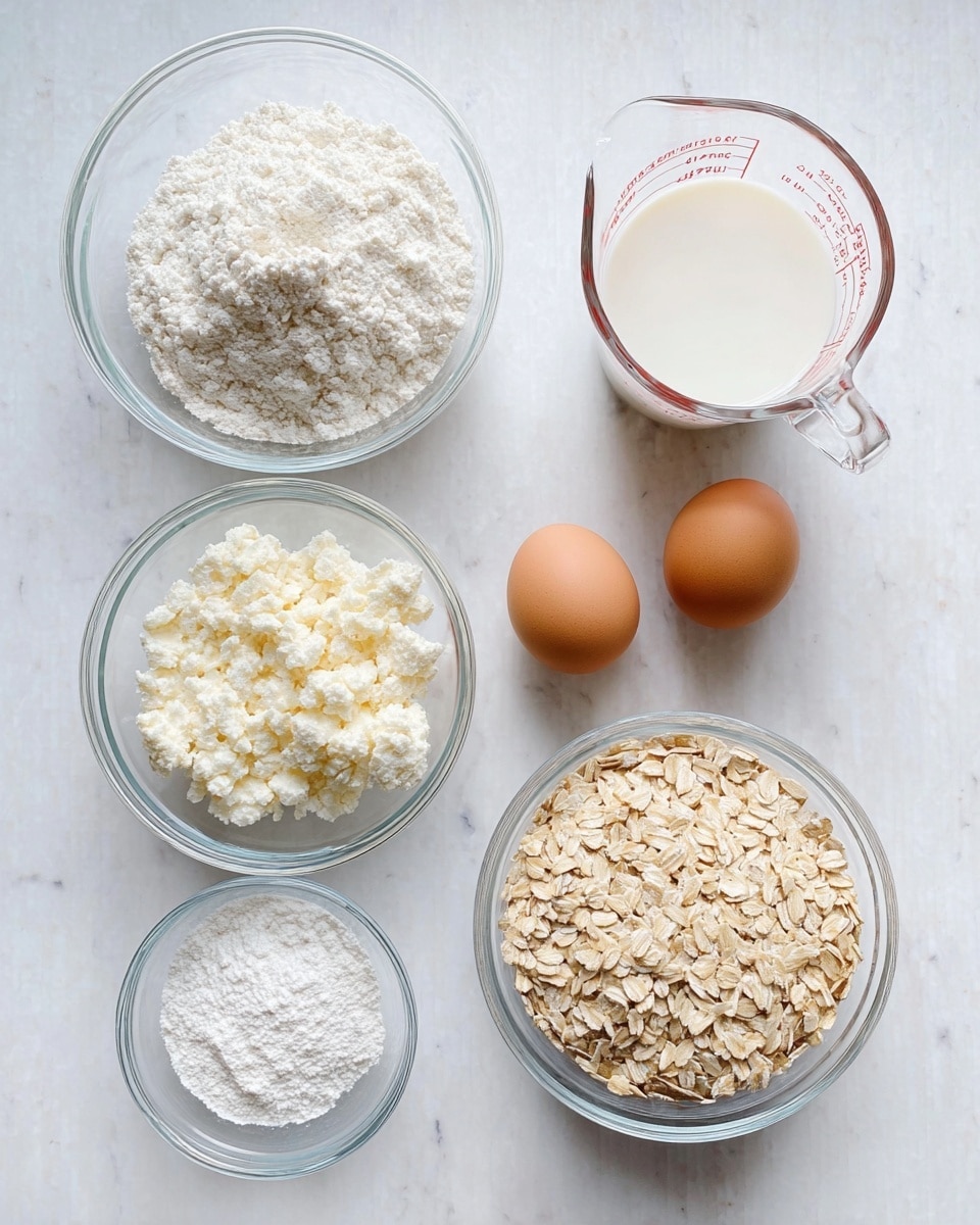 Six clear glass bowls are placed on a white marbled surface, each holding a different ingredient. The top left bowl has white flour with a soft, powdery texture. Next to it, on the right, is a bowl with two brown eggs resting side by side, smooth and glossy. In the top right corner, a measuring cup filled partway with white milk shows red measurement markings. Below the flour, a large bowl is filled with lumpy, white cottage cheese. To the bottom right, another large bowl contains pale, beige rolled oats with a rough texture. In the center bottom, a small bowl holds fine, white baking powder. The arrangement is neat and evenly spaced, with natural lighting highlighting the textures. Photo taken with an iphone --ar 4:5 --v 7