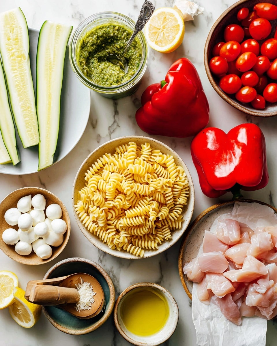 The image shows a top-down view of fresh ingredients arranged neatly on a white marbled surface. In the center, a bowl holds yellow spiral pasta. To the left, three long slices of pale green zucchini lay next to two large, bright red bell pepper halves on a white plate. Above the pasta is a glass jar filled with green pesto sauce, with a silver spoon inside. To the top right, a brown bowl contains a bunch of small, shiny red cherry tomatoes on the vine. Next to this bowl, raw, light pink pieces of chicken lie on white parchment paper. Below the pasta bowl, a small brown bowl holds mini white mozzarella balls. To the lower left, a wooden lemon juicer rests on a round white plate near a squeezed and a half lemon, along with lemon zest. A small bowl of yellow oil and a bulb of garlic are seen to the right of the mozzarella. The colors are bright and fresh, presented in a clean and simple style photo taken with an iphone --ar 4:5 --v 7