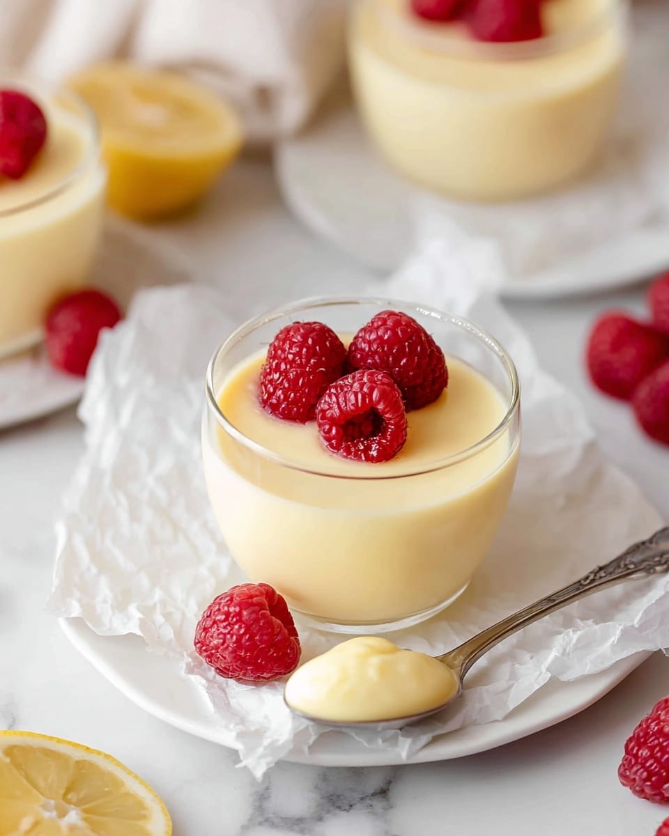 A glass cup filled with two layers of smooth pale yellow lemon pudding topped with three bright red raspberries, placed on crumpled white paper on a white plate with a white marbled surface underneath. A silver spoon rests on the plate with a dollop of the same pale yellow pudding on it. In the background, there are two more glass cups with lemon pudding and one raspberry on top, along with scattered raspberries and a lemon wedge on the white marbled surface. photo taken with an iphone --ar 4:5 --v 7