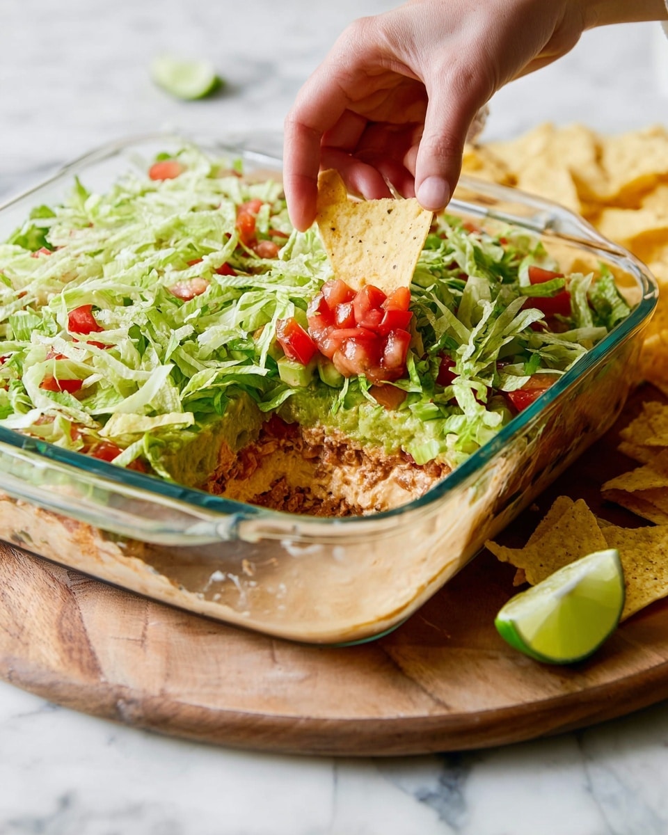 A clear glass baking dish shows a layered dip with five layers: a bottom beige creamy layer, a light brown refried beans layer above, followed by a chunky red salsa layer with small pieces of tomato, then a thick green layer of guacamole or chopped lettuce, and finally a top layer of shredded bright green lettuce. A woman's hand is picking up a triangular yellow tortilla chip with dip and salsa on it from the dish. The dish sits on a round wooden board on a white marbled surface with a lime wedge and two other tortilla chips nearby. photo taken with an iphone --ar 4:5 --v 7