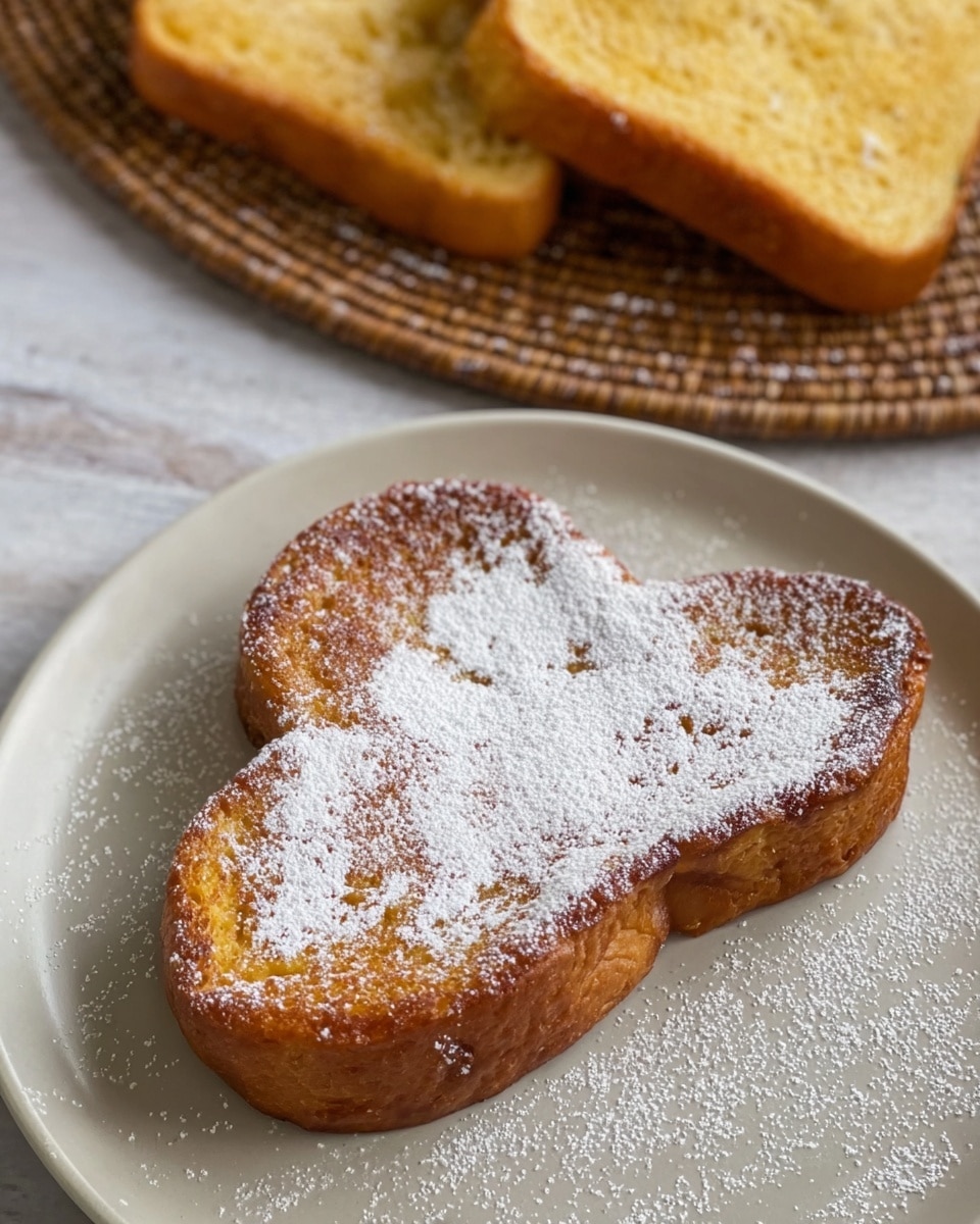 A single piece of golden brown cloud-shaped French toast is placed in the center of a white plate, lightly dusted with powdered sugar giving it a soft white texture across the top. In the background, there are two thick slices of the same bread, golden and soft, resting on a brown woven mat. The white marbled surface under the plate adds a clean and bright look to the scene. photo taken with an iphone --ar 4:5 --v 7