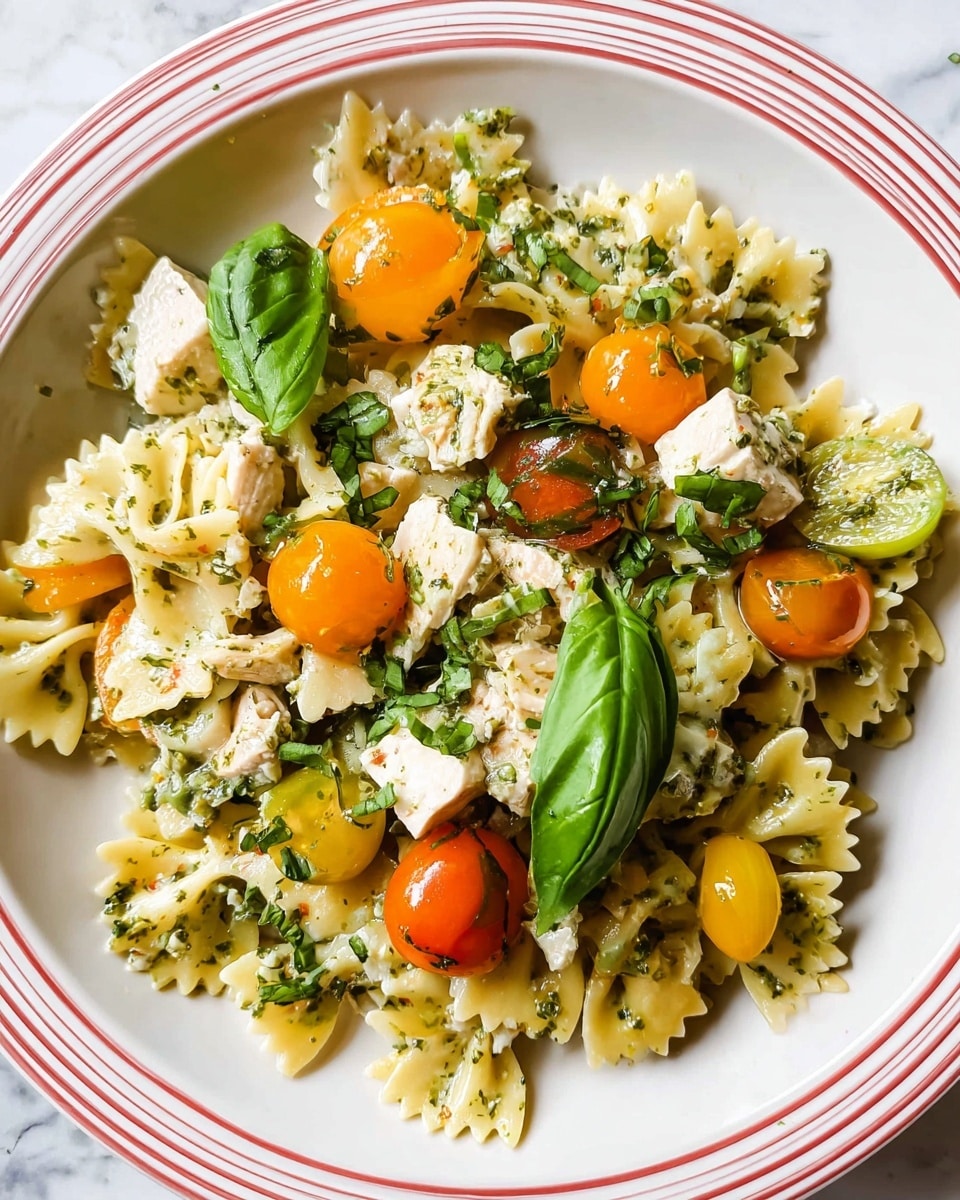 A white plate with thin red lines around the edge holds a pasta salad made of three layers. The bottom layer is light yellow bowtie pasta with a shiny texture, mixed with green herb sauce. The second layer has small pieces of white cheese and light tan chicken chunks scattered evenly. The top layer shows fresh green basil leaves and halved bright orange cherry tomatoes placed randomly. The whole dish appears fresh and colorful on a white marbled surface. photo taken with an iphone --ar 4:5 --v 7