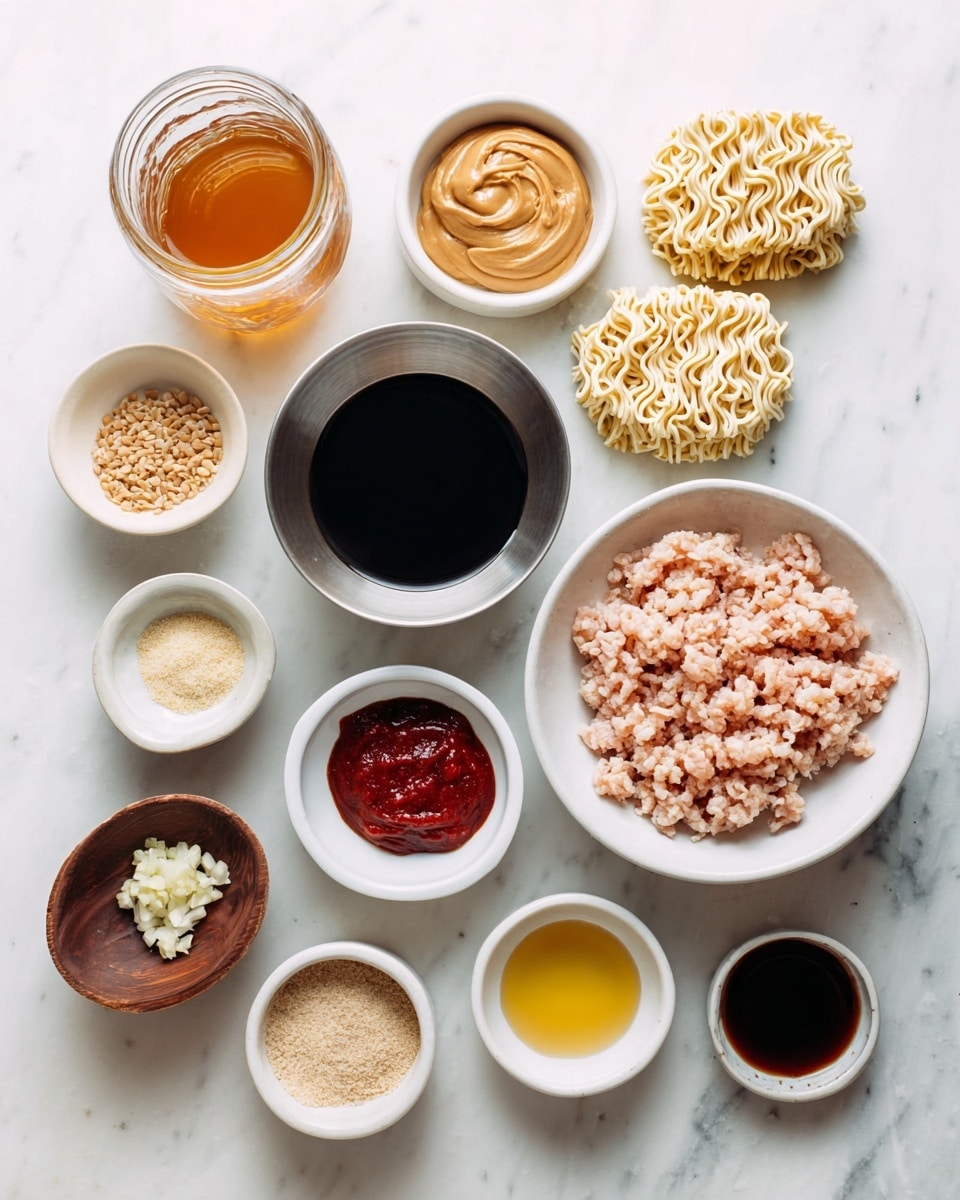 The image shows ingredients neatly arranged on a white marbled surface. There are two round blocks of uncooked ramen noodles on the top right. Below the noodles is a small metal bowl of light brown, creamy peanut butter. Next to it, a white bowl with a dark sauce inside, and to its left, a small white bowl with brown sugar. A larger white bowl at the bottom left holds pale, raw minced meat. Above the meat is a small dark wooden bowl with finely chopped garlic. Around the center are small white bowls containing different liquids and pastes: one with thick dark red paste, one with light yellow oil, another with dark soy sauce, and a glass jar with a reddish-brown sauce. On the far left is a clear jar with a light amber-colored liquid. The items are spaced out clearly and symmetrically. Photo taken with an iphone --ar 4:5 --v 7
