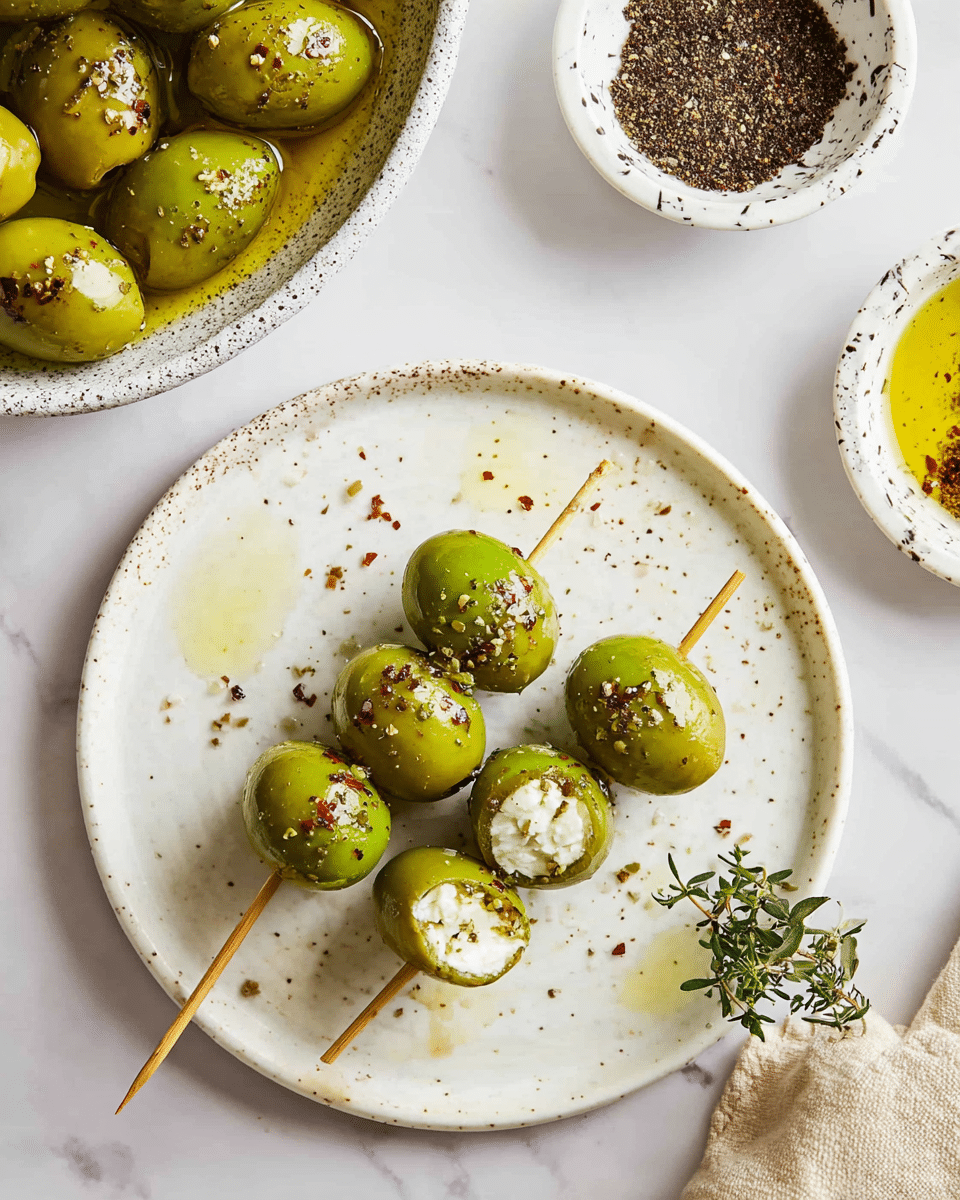 The image shows two skewers each with four bright green olives stuffed with white cheese, placed on a round white speckled plate at the center. The olives have a shiny texture with small herbs and pepper flakes sprinkled on them. To the top left, there is a large white speckled bowl filled with many similar green olives soaking in yellowish oil with visible herbs. To the top right, there is a small white bowl with dark coarse spice powder inside. A small green herb sprig is near the bottom right corner of the plate on a white marbled surface, and a beige cloth is partially visible at the bottom of the image. Photo taken with an iphone --ar 4:5 --v 7
