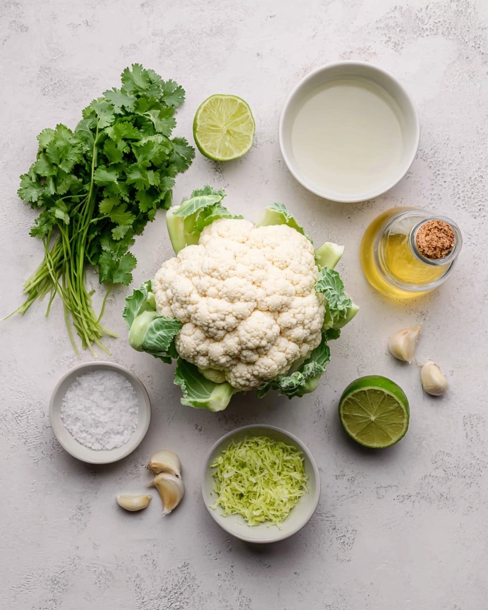 The image shows a top view of fresh cooking ingredients spread on a white marbled surface. At the center is a whole, white cauliflower with green leaves around its base. To the left of the cauliflower, there is a small bunch of bright green cilantro with stems, a halved fresh lime showing its light green inside, and a small white bowl filled with a light liquid. Below the cauliflower, there is a tiny bowl with coarse white salt and two garlic cloves placed next to it. On the right side of the cauliflower, a clear glass bottle with a golden cap contains a light yellow oil, and below it is a small white bowl filled with freshly grated lime zest. The arrangement is neat, with each ingredient clearly visible and placed separately, creating a fresh and natural look. Photo taken with an iphone --ar 4:5 --v 7