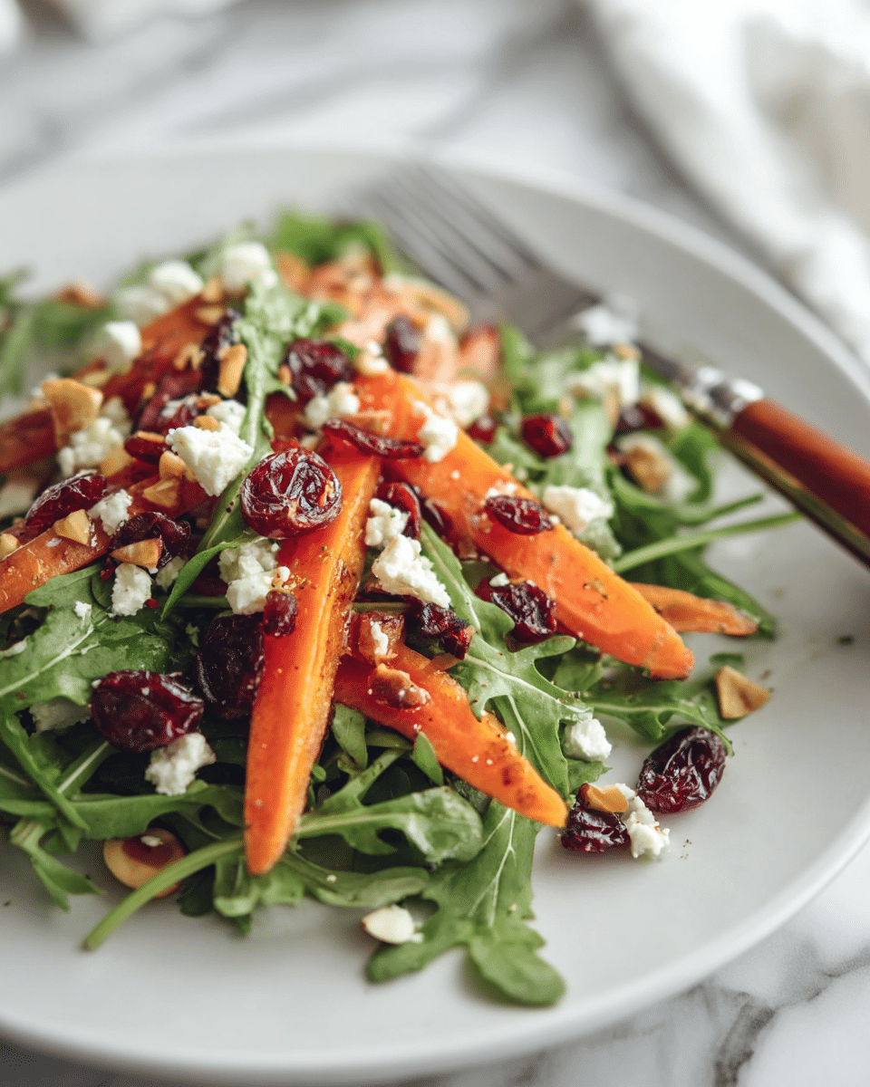 The dish shows a white plate with a salad made of three layers: the bottom layer is fresh green arugula leaves, the middle layer is bright orange carrot slices, and the top layer has white crumbly cheese, scattered dark red dried cranberries, and some light brown chopped nuts. The plate sits on a white marbled surface, and a fork with a wooden handle is placed to the side. The focus is on the vibrant colors and freshness of the ingredients, with a soft blurred background photo taken with an iphone --ar 4:5 --v 7