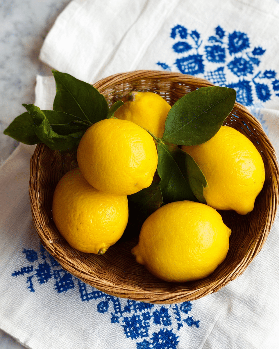A round wicker basket filled with six bright yellow lemons, some with dark green leaves attached, showing smooth and slightly shiny textures on the fruit. The basket sits on a white cloth with blue embroidered floral patterns, all against a white marbled surface background. photo taken with an iphone --ar 4:5 --v 7