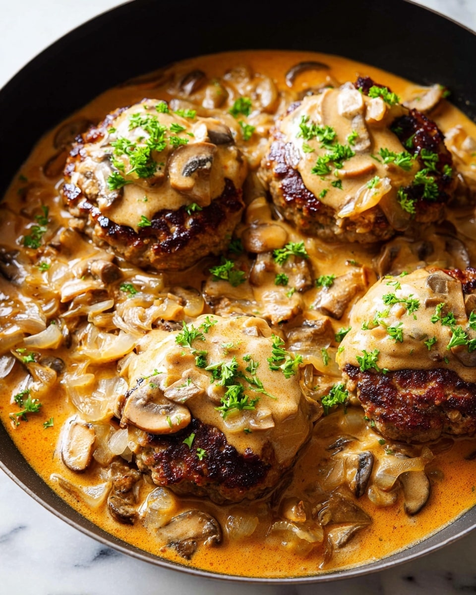 A black skillet holds four round browned patties, each topped with sliced light brown mushrooms and small pieces of yellow onions, all sitting in a thick, orange-colored sauce that fills the skillet base. Bright green parsley leaves are scattered on the patties and sauce, adding fresh color. Two shiny silver spoons rest in the skillet, one spoon scooping up some sauce with mushrooms and onions. The background is a white marbled texture. photo taken with an iphone --ar 4:5 --v 7