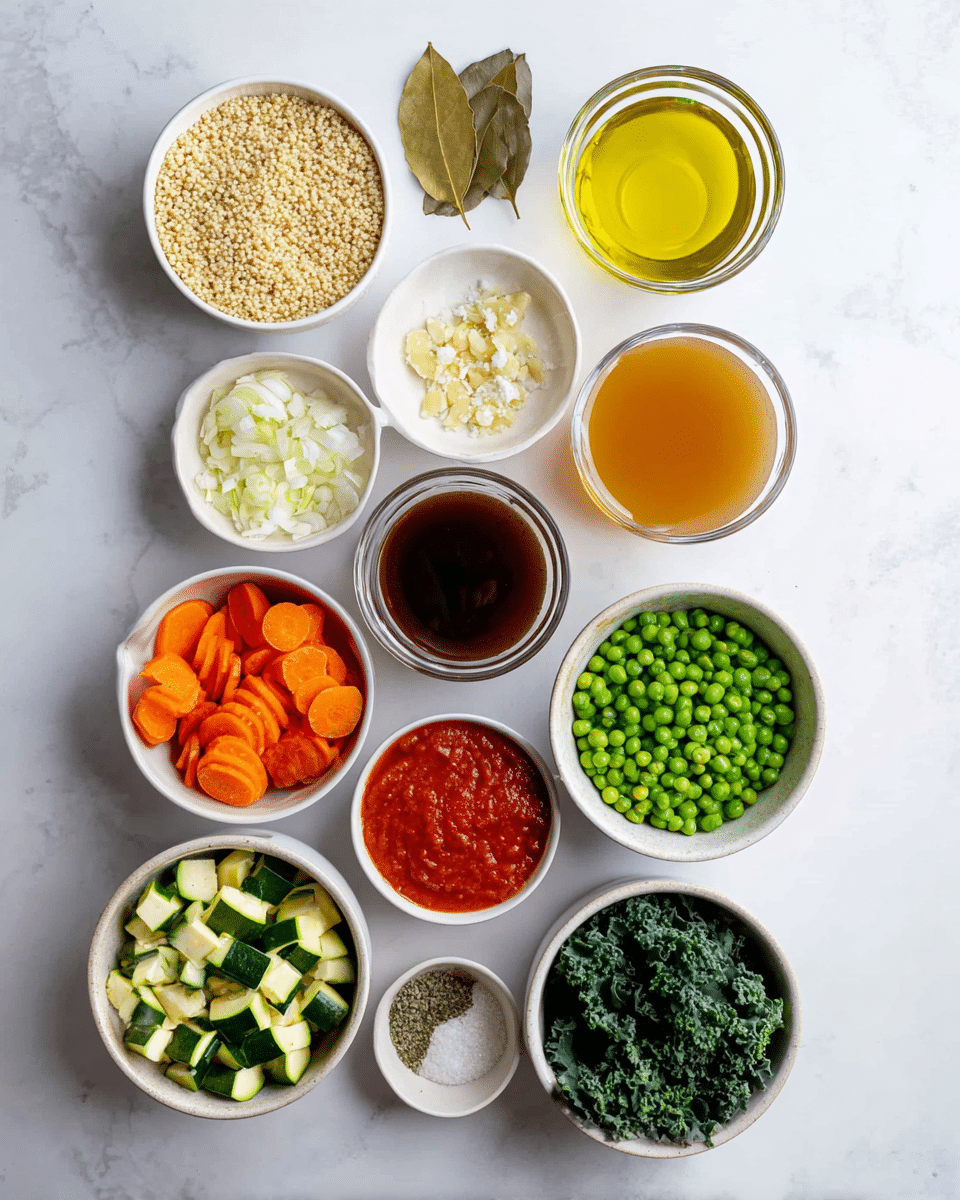 A top-down view shows 12 small white bowls arranged neatly on a white marbled surface. From top to bottom and left to right, the bowls hold cooked quinoa with a beige grain texture, olive oil with a clear yellow liquid, chopped white onions, minced garlic in a small bowl, salt and black pepper mix, two brown bay leaves, diced green zucchini pieces, chopped green asparagus stalks, bright orange carrot slices, frozen green peas, a deep red tomato sauce in a glass measuring cup, a light brown broth in another glass measuring cup, and fresh dark green kale leaves. The colors contrast vividly with the white marbled background, creating a clean and fresh look. Photo taken with an iphone --ar 4:5 --v 7