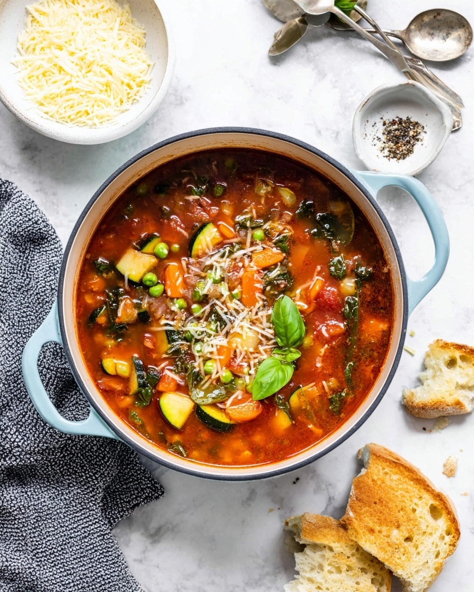 A light blue pot filled with a rich, chunky vegetable soup sits on a white marbled surface. The soup has a deep red broth with visible layers of diced green zucchini, orange carrots, green peas, leafy kale, and small grains, topped with a few basil leaves and a sprinkle of shredded white cheese in one spot. Nearby, a small white bowl holds more shredded cheese, while two silver spoons rest inside a white bowl. On the right, a piece of crusty toasted white bread is broken with crumbs scattered around, and a small white dish with black pepper is visible. A gray textured cloth is folded near the pot. Photo taken with an iphone --ar 4:5 --v 7