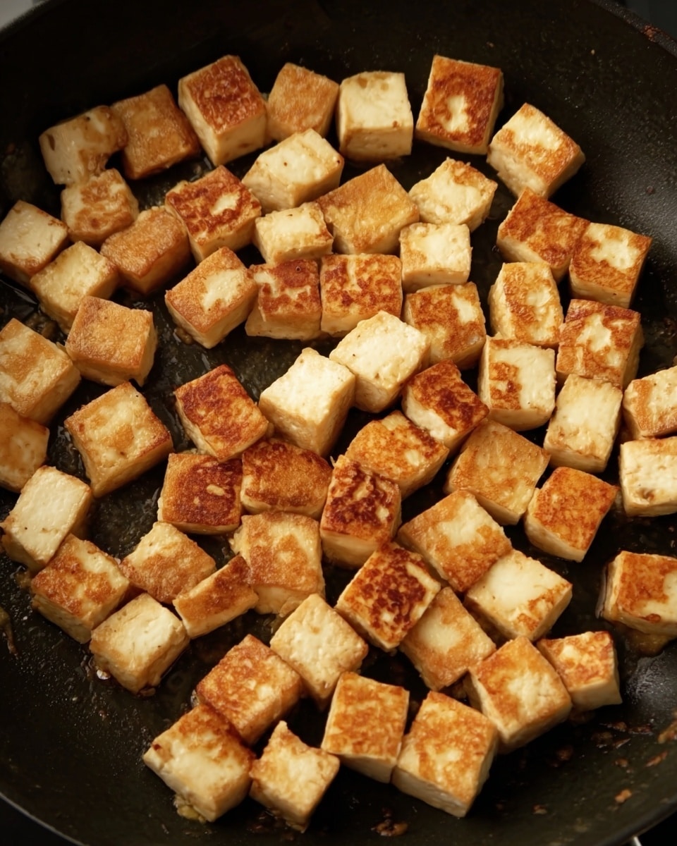 The image shows many small, square tofu pieces being cooked in a black pan. Each tofu piece is light beige with a golden brown crust on the edges, showing a slightly crispy texture. The tofu cubes fill almost the entire pan, spreading evenly in one layer with some pieces overlapping slightly. The surface below looks dark and smooth, letting the golden tofu cubes stand out clearly. photo taken with an iphone --ar 4:5 --v 7