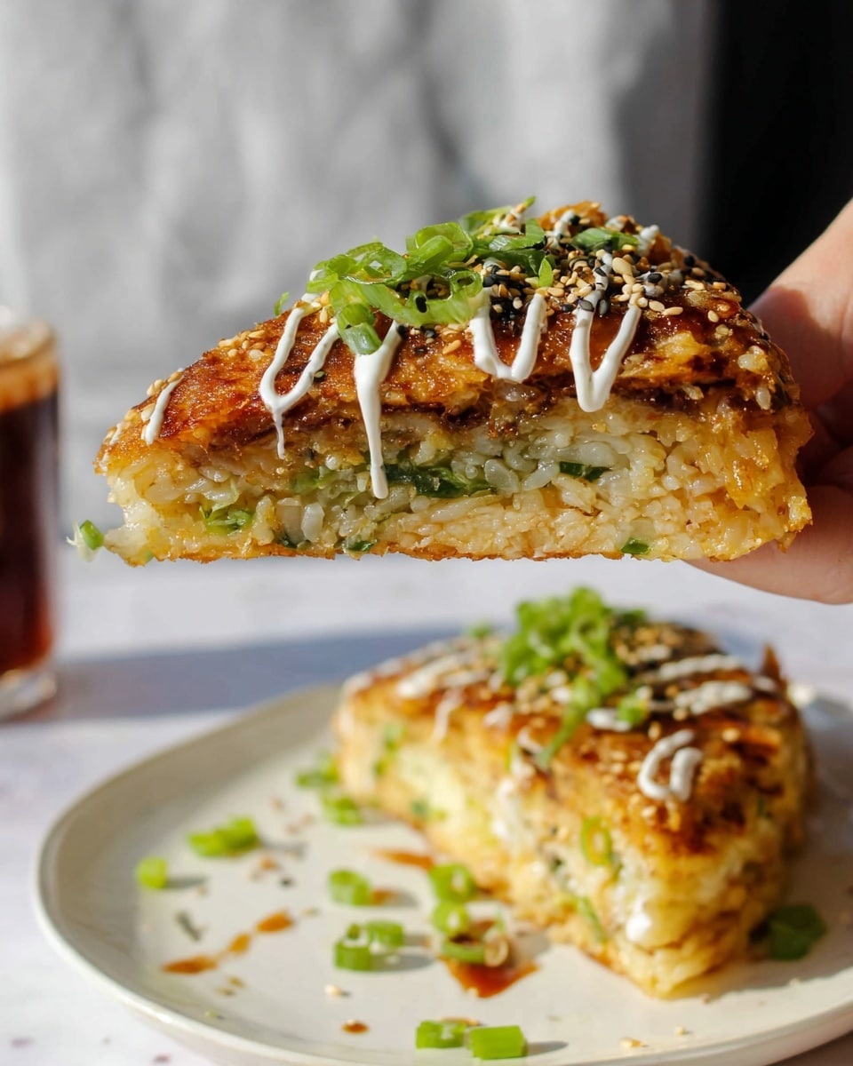 A slice of layered rice dish is held above a white plate with another piece on it, both showing three clear layers: a golden-brown crispy rice top layer with white sauce drizzled in lines and sprinkled with sesame seeds and green onion bits, a middle layer of light green vegetables, and a bottom golden cooked rice or pancake base. The dish is presented on a white plate with some green onions scattered around, all set against a white marbled surface in soft natural light. photo taken with an iphone --ar 4:5 --v 7
