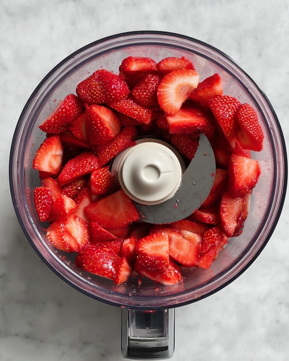 A clear food processor bowl filled with bright red strawberries that are cut into halves and quarters. The strawberries are placed evenly around the sharp silver blade in the center. The base of the food processor is stainless steel, and the scene is set on a white marbled surface. The strawberries show a juicy texture with some white parts visible near the green tops that have been removed. Photo taken with an iphone --ar 4:5 --v 7