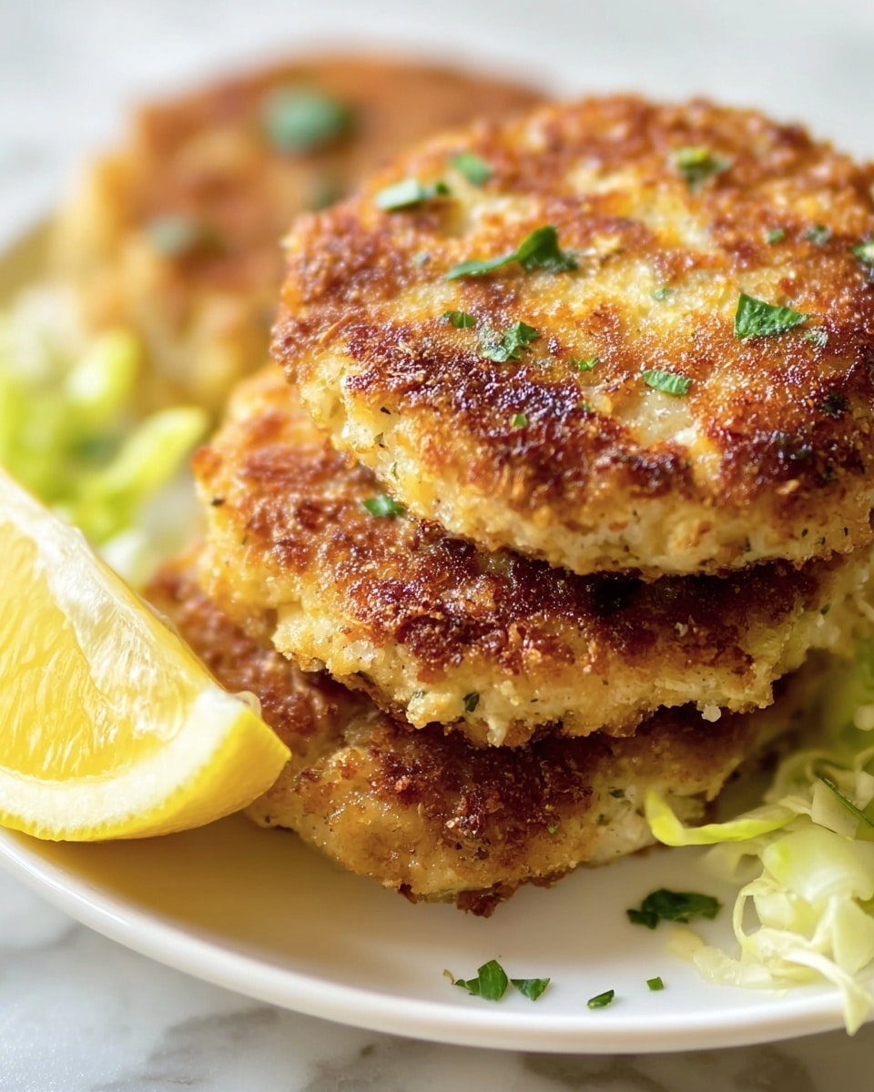 The image shows a close-up of three golden-brown crab cakes stacked slightly overlapping on a white plate, each cake crispy with a textured surface and small green herb bits sprinkled on top. To the side, there is a bright yellow lemon wedge garnished with some green herbs, and some light green shredded lettuce or cabbage peeks from the background. The overall color palette includes warm browns, vibrant yellows, and fresh green accents, set against a white marbled surface. photo taken with an iphone --ar 4:5 --v 7