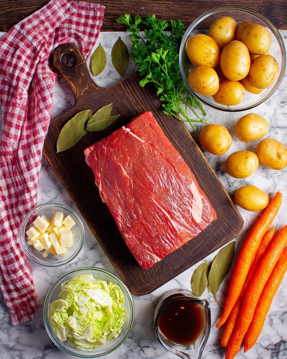 A flat, raw red meat piece with light fat streaks sits on a dark wooden cutting board at the center, surrounded by fresh full carrots to the right and small yellow potatoes above and below it; to the left, there are four bay leaves and a small bowl with minced garlic. Around the meat, garlic cloves and parsley leaves add detail. Above, two clear glass bowls hold whole small yellow potatoes and bright orange carrots, while below are a clear bowl with light green cabbage pieces and a small clear jug with dark brown sauce. A red and white checkered cloth lies on the left side, all placed on a white marbled surface. photo taken with an iphone --ar 4:5 --v 7