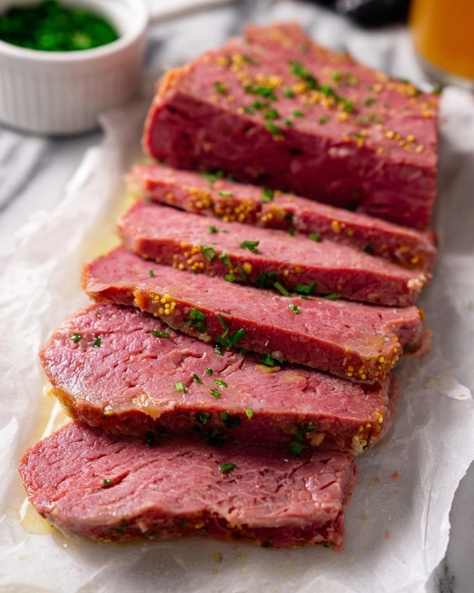 The image shows six slices of cooked corned beef arranged in a row on white parchment paper over a white marbled surface. The slices are pink in the center with a light brown cooked outer edge. Small mustard seeds and bits of green herbs are scattered over the meat, adding texture and color contrast. In the background, a small white bowl with green herbs inside sits out of focus. Photo taken with an iphone --ar 4:5 --v 7