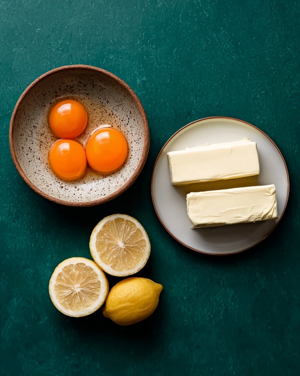 The image shows three bright orange egg yolks in a speckled bowl placed on the left, two lemon halves with a yellow outer peel and light yellow inside in the middle, and two rectangular blocks of pale cream butter on a white plate on the right. All items lie on a dark green surface with a smooth texture. The scene is simple and clear, focused on the food items. Photo taken with an iphone --ar 4:5 --v 7