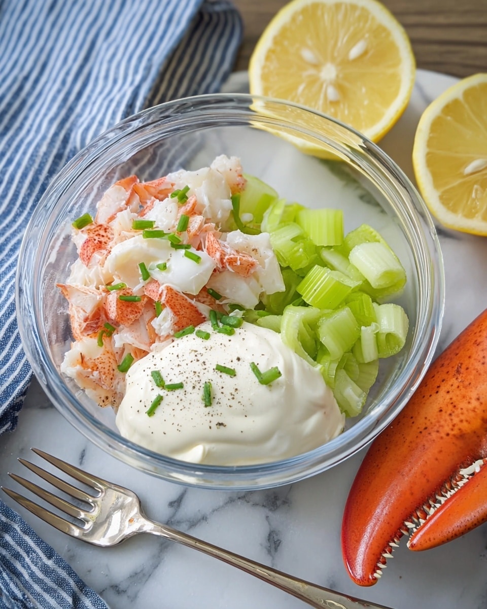 A clear glass bowl holds three visible layers: on the left is chunky bright orange and white lobster meat, topped with small green chopped chives, on the right side are crisp light green celery slices, and above them is a dollop of smooth, creamy white mayonnaise sprinkled with black pepper. Behind the bowl, two lemon halves with bright yellow flesh sit on a white marbled surface, alongside a large vibrant orange lobster claw. A silver fork with a shiny texture is placed next to the bowl on the same surface. There is a blue and white striped cloth partially visible behind the bowl and claw. Photo taken with an iphone --ar 4:5 --v 7