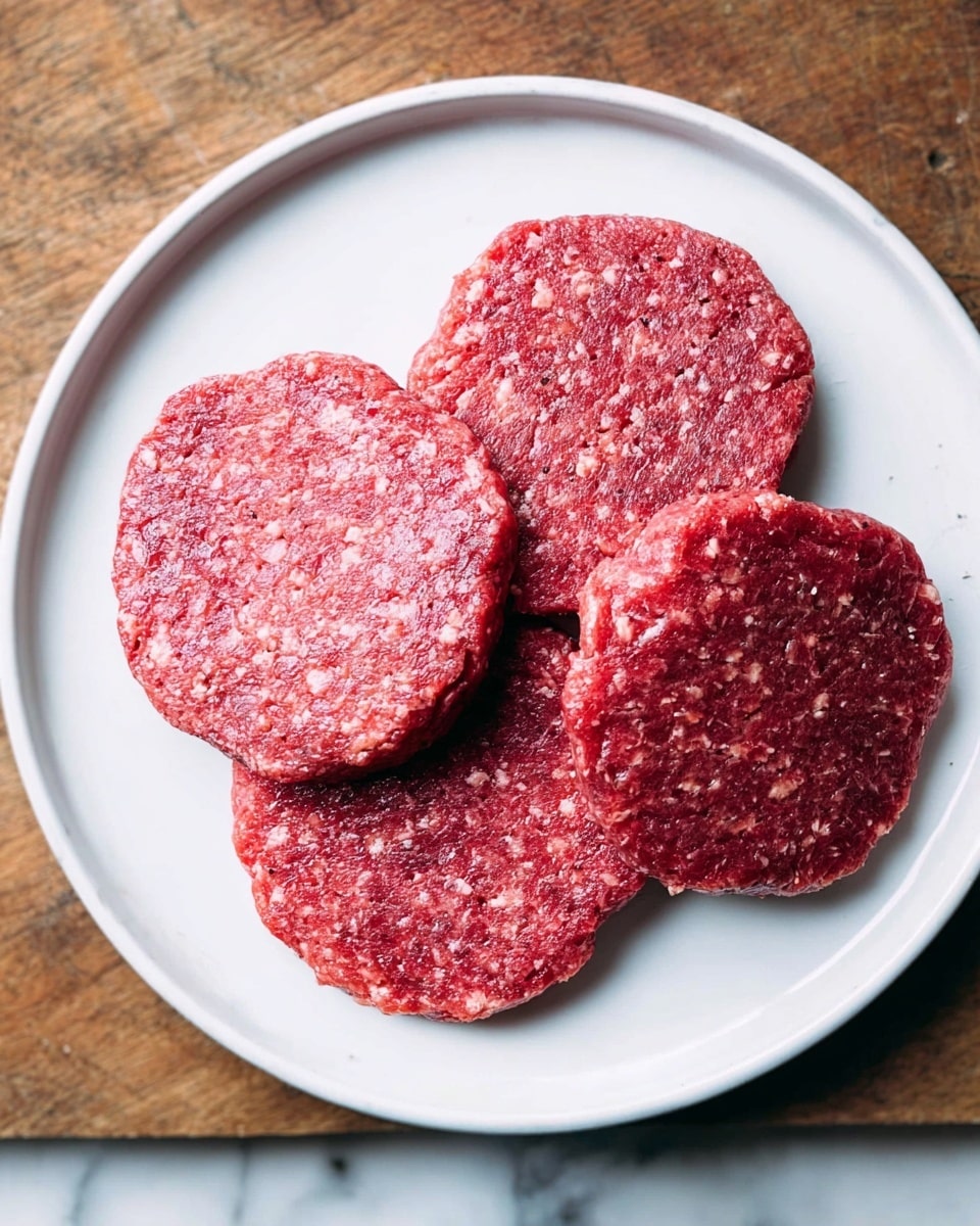 Four raw red beef patties with visible white fat pieces are evenly placed on a round white plate. The patties show a rough, textured surface, pressed flat into circular shapes, with one patty having a slight scalloped edge. The plate sits on a wooden table next to a white marbled surface background. photo taken with an iphone --ar 4:5 --v 7