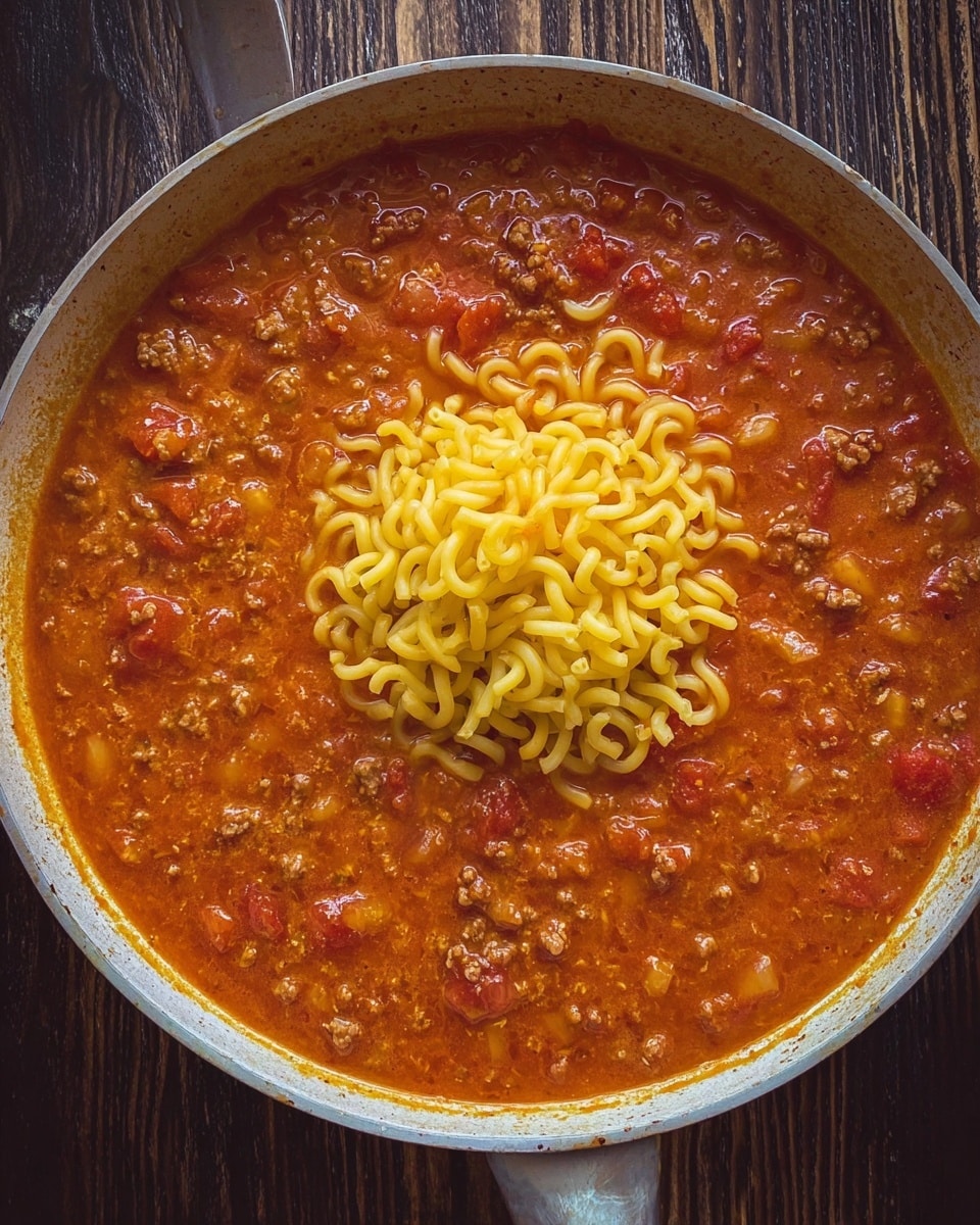 A white pan filled with a thick reddish-orange sauce mixed with small pieces of cooked ground meat and diced tomatoes, topped in the center with a mound of uncooked yellow spiral pasta, all placed on a dark wood surface replaced with a white marbled texture photo taken with an iphone --ar 4:5 --v 7