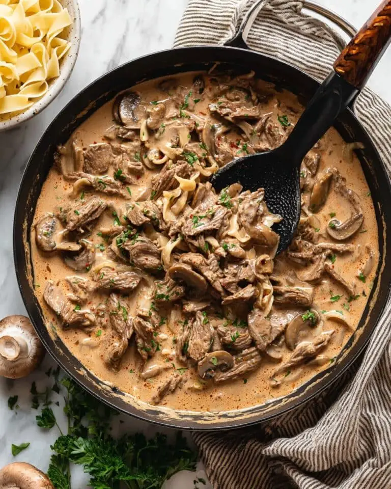 Creamy Beef Stroganoff with Mushrooms and Egg Noodles Recipe