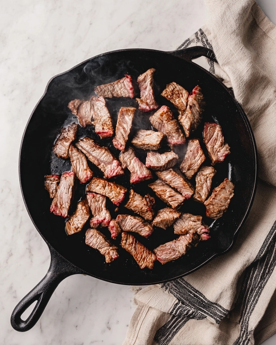 A black cast iron skillet holds about 24 medium-sized pieces of cooked beef strips. The beef pieces have a mix of light brown and pink colors with visible grill marks and slight steam rising from them. The skillet has a handle on the right and a loop on the left side. The skillet is placed on a white marbled surface next to a beige cloth with black stripes on the right edge. Photo taken with an iphone --ar 4:5 --v 7