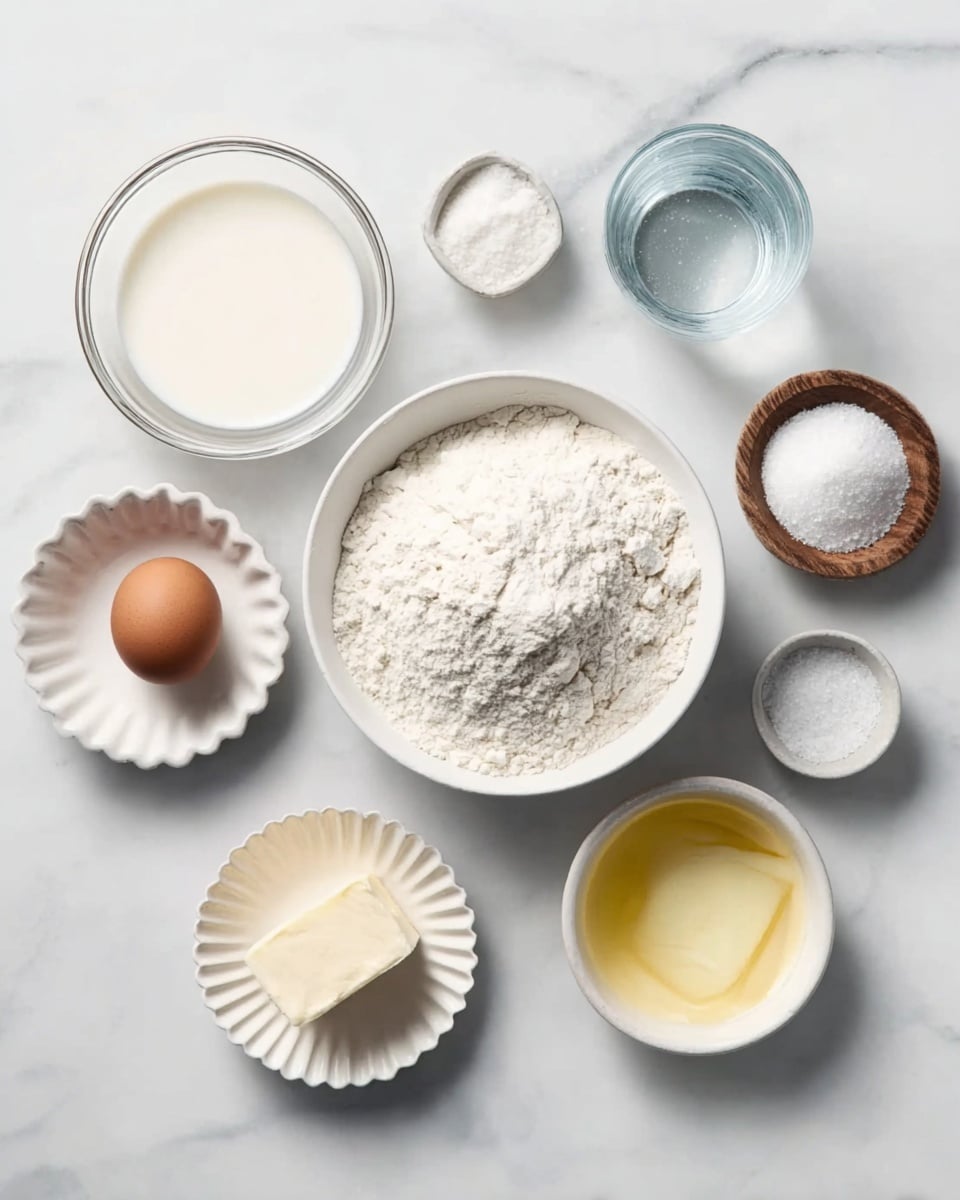 A white marbled surface holds several small white bowls and dishes arranged neatly, each containing a key ingredient for baking. In the center, there is a larger white bowl filled with a pile of white flour that has a soft, powdery texture. To its lower left, a glass bowl contains smooth, creamy milk, and next to it, a small white scalloped dish holds a single brown egg. Below the flour bowl, a tiny white fluted dish holds dry yeast with a sandy texture. To the right of the flour, another small white bowl contains melted butter with a shiny, liquid yellow surface. A clear glass of water is placed on the far right. Above the egg and milk, a small white bowl holds granulated white sugar, and beside it, a small wooden bowl has salt with a fine texture. Everything is organized clearly on the clean white marbled surface. photo taken with an iphone --ar 4:5 --v 7