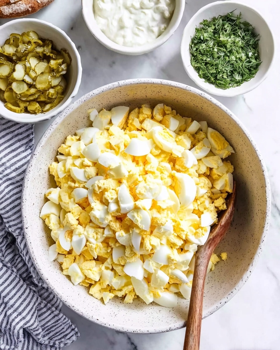 A large white speckled bowl filled with chopped hard-boiled eggs, showing a mix of bright yellow yolks and white pieces, with a wooden spoon resting inside the bowl on the right side. Surrounding the main bowl are three smaller white bowls with different ingredients: one with a creamy white sauce, another with chopped pickles in a light green color, and a third topped with chopped green herbs. All bowls are placed on a white marbled surface with a striped cloth on the left edge of the image. Photo taken with an iphone --ar 4:5 --v 7