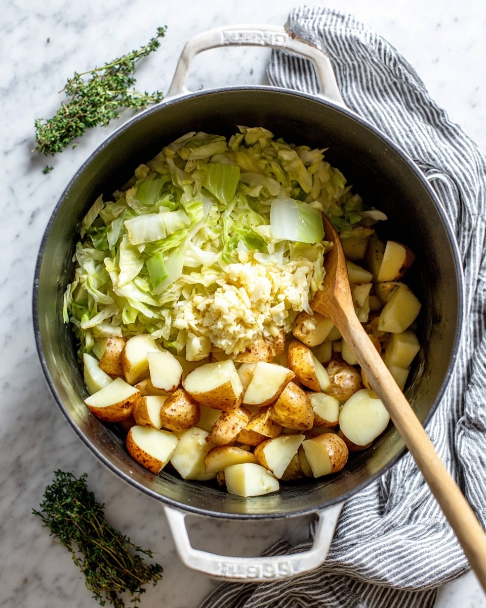 A black pot with white handles sits on a white marbled surface with a striped cloth beside it. Inside the pot, there is one main layer of light green cooked cabbage at the bottom, topped by a layer of small chopped potatoes with brown skin and off-white flesh. On the top center, there is a small pile of finely chopped garlic that is pale yellow and white. A wooden spoon with a light brown handle rests inside the pot over the ingredients. Some fresh green herbs are placed beside the pot. Photo taken with an iphone --ar 4:5 --v 7