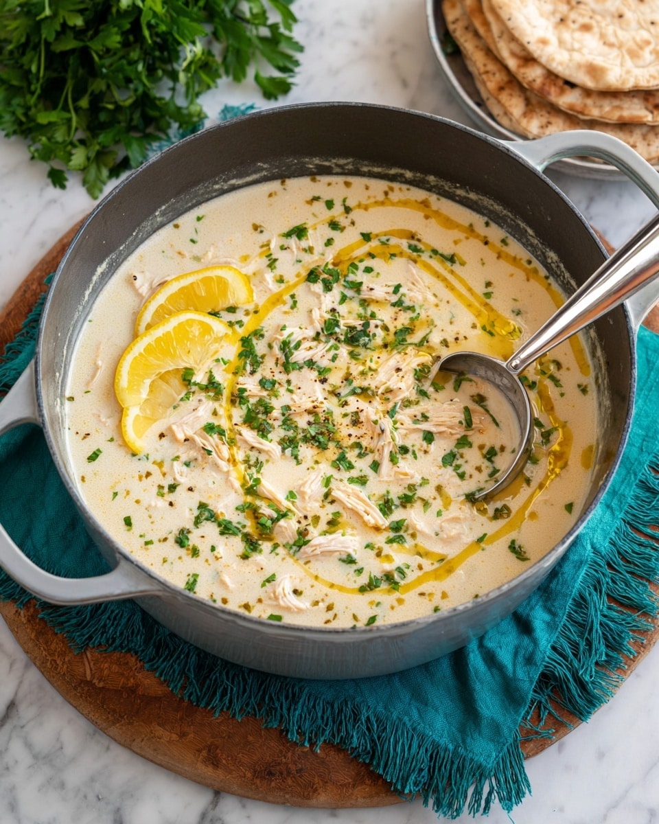 A large gray pot filled with creamy soup that has small pieces of shredded chicken mixed in, topped with finely chopped green herbs and a swirl of yellow oil. Two thin lemon wedges rest on one side of the soup’s surface. A shiny silver ladle dips into the soup near the center. The pot sits on a teal fringed cloth placed on a round wooden board, all set on a white marbled surface. In the background, there are green fresh herbs and a stack of beige pita bread pieces. photo taken with an iphone --ar 4:5 --v 7