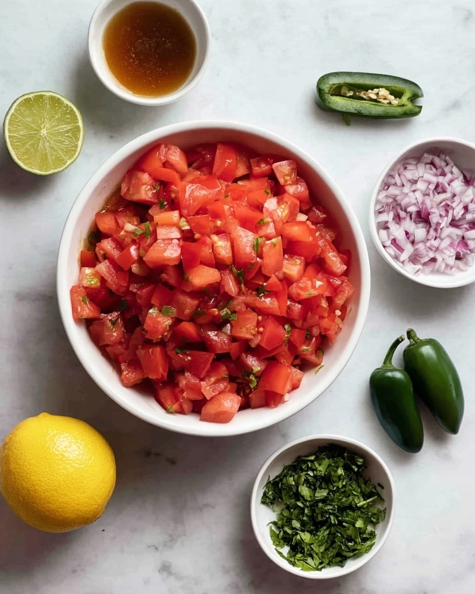 The image shows a white bowl full of chopped red tomatoes placed near the center on a white marbled surface. Around this bowl are small white bowls containing finely chopped red onions and chopped green herbs. There are two green jalapeño peppers and two small green limes near the bowls. At the bottom left, a whole yellow lemon is placed on the marbled surface. A small white bowl containing brownish liquid is also near the top left of the tomato bowl. The colors are bright and fresh with red, green, yellow, and white standing out clearly photo taken with an iphone --ar 4:5 --v 7
