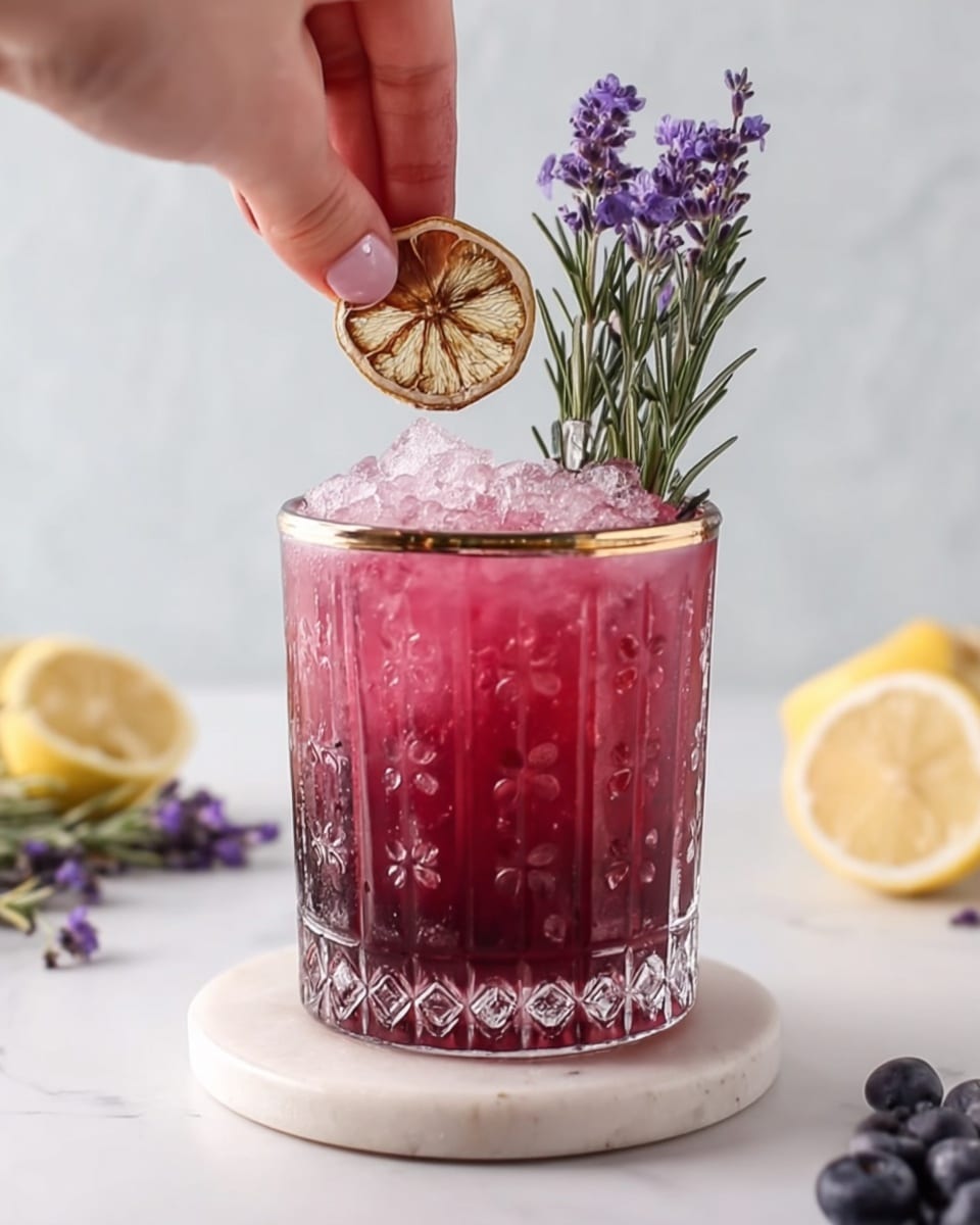 A detailed clear glass with embossed circular patterns holds a deep pink drink filled with small crushed ice pieces reaching just below the golden rim. On top of the ice sits a dried lemon slice, being gently placed by a woman's hand from above. Next to the lemon slice, there are fresh purple lavender flowers and green rosemary sprigs standing upright, adding a natural touch. The glass stands on a white marble coaster, set against a white marbled textured surface and a soft white background. A few blueberries and a partial lemon slice lie blurred in the background. photo taken with an iphone --ar 4:5 --v 7