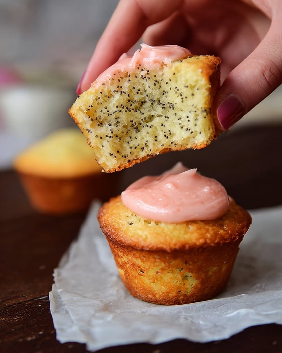 A woman's hand is holding half of a small muffin, showing its soft, light yellow inside filled with tiny black poppy seeds, spread with smooth pink frosting. Below, a whole muffin with a golden light brown top and the same speckled texture sits on a piece of white paper. The muffins rest on a dark wooden surface with a white marbled texture in the background. Photo taken with an iphone --ar 4:5 --v 7
