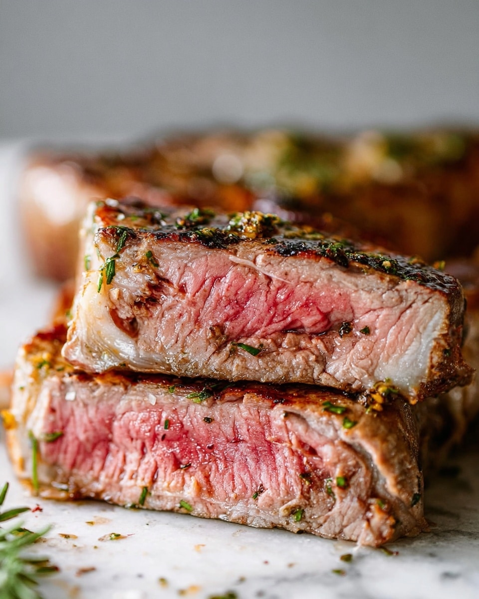 The image shows a stack of cooked lamb chops arranged in a slightly scattered pile on a white marbled surface. Each chop has a browned, crispy outer layer with a pink, tender inside, showing a good level of cooking. The meat is seasoned with small green herb bits sprinkled evenly on top. The bones stick out, adding height and texture. Around the chops, sprigs of fresh rosemary and thyme are placed, adding green and natural elements contrasting with the meat’s pink and brown colors. The surface under the chops has some juices and light browning, making the scene look fresh and tasty. Photo taken with an iphone --ar 4:5 --v 7