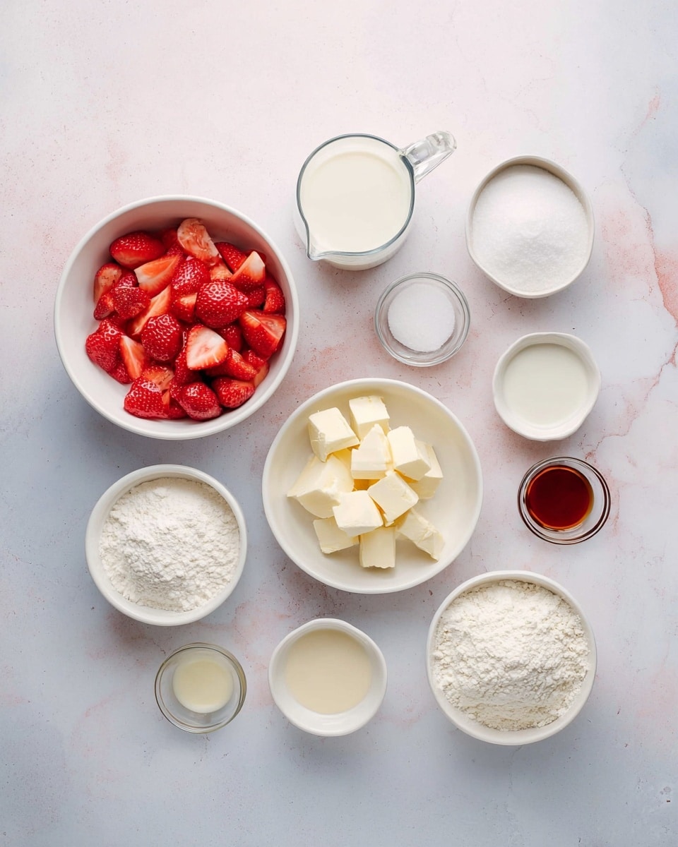 The image shows nine small white bowls and clear glass containers placed on a white marbled texture. Each bowl or container holds a different ingredient: one bowl is filled with sliced red strawberries, one clear pitcher holds milk, one white bowl has cubed butter, another white bowl contains white flour, and other smaller white bowls have granulated white sugar, white powdered sugar, a small amount of salt, and two small glasses hold vanilla extract and cream. The colors vary from bright red strawberries to whites and creams, arranged neatly in a soft, natural light. Photo taken with an iphone --ar 4:5 --v 7