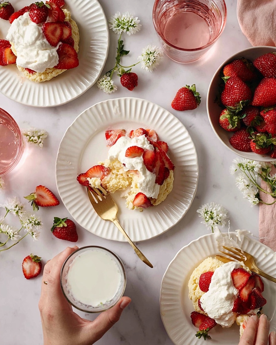 The image shows white fluted plates with shortcakes on a white marbled surface. Each shortcake has three layers: a golden crumbly biscuit base, a layer of red sliced and whole strawberries around and on top, and a dollop of thick white cream on the top layer. There are fresh whole strawberries and small white flowers scattered around. A woman's hand holds a clear glass with white milk at the bottom center of the image, while another woman's hand holds a gold fork with cream and a strawberry near the right plate. Two clear glasses with pink rims, one empty and one with a pink drink, and a bowl with sliced strawberries and cream are visible. photo taken with an iphone --ar 4:5 --v 7