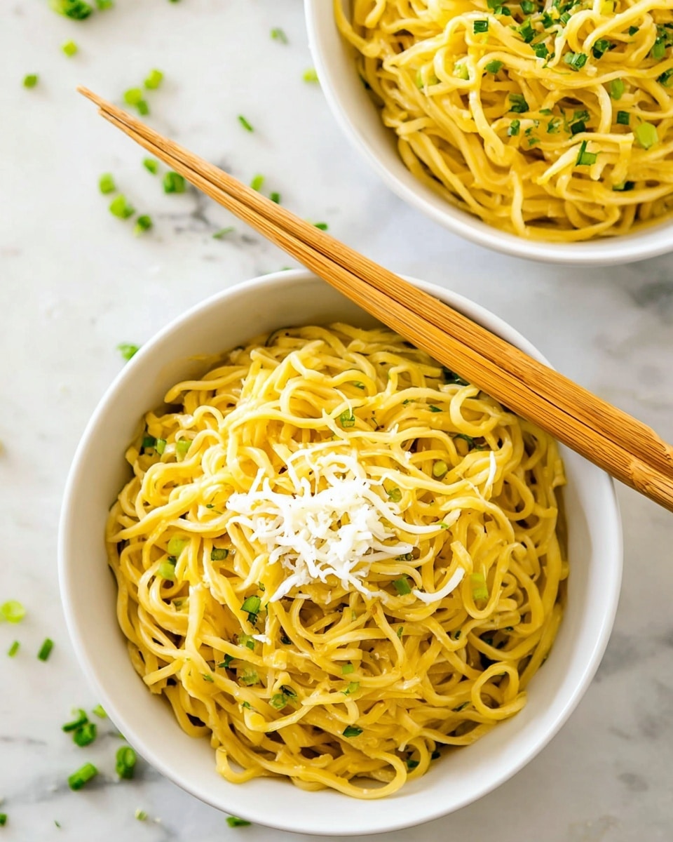 The image shows two white bowls filled with yellow noodles that look soft and slightly shiny. The bowl in the foreground has a small pile of shredded white cheese on top, scattered with tiny green herb pieces. A pair of light brown wooden chopsticks rest diagonally across this bowl. The second bowl in the background mostly shows just the noodles with some green herbs sprinkled on top. Both bowls are placed on a white marbled surface with small pieces of green herbs scattered around. Photo taken with an iphone --ar 4:5 --v 7