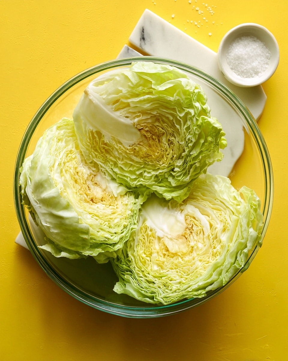 A clear glass bowl holds three large sections of pale green and yellow cabbage, each with many crinkly, layered leaves that curl outward slightly, showing soft textures and subtle shades from light green at the outer edges to creamy yellow near the center. The bowl sits on a white marbled surface, and near it is a small white dish filled with coarse salt. The background is a bright yellow color that contrasts with the fresh vegetables. The photo taken with an iphone --ar 4:5 --v 7