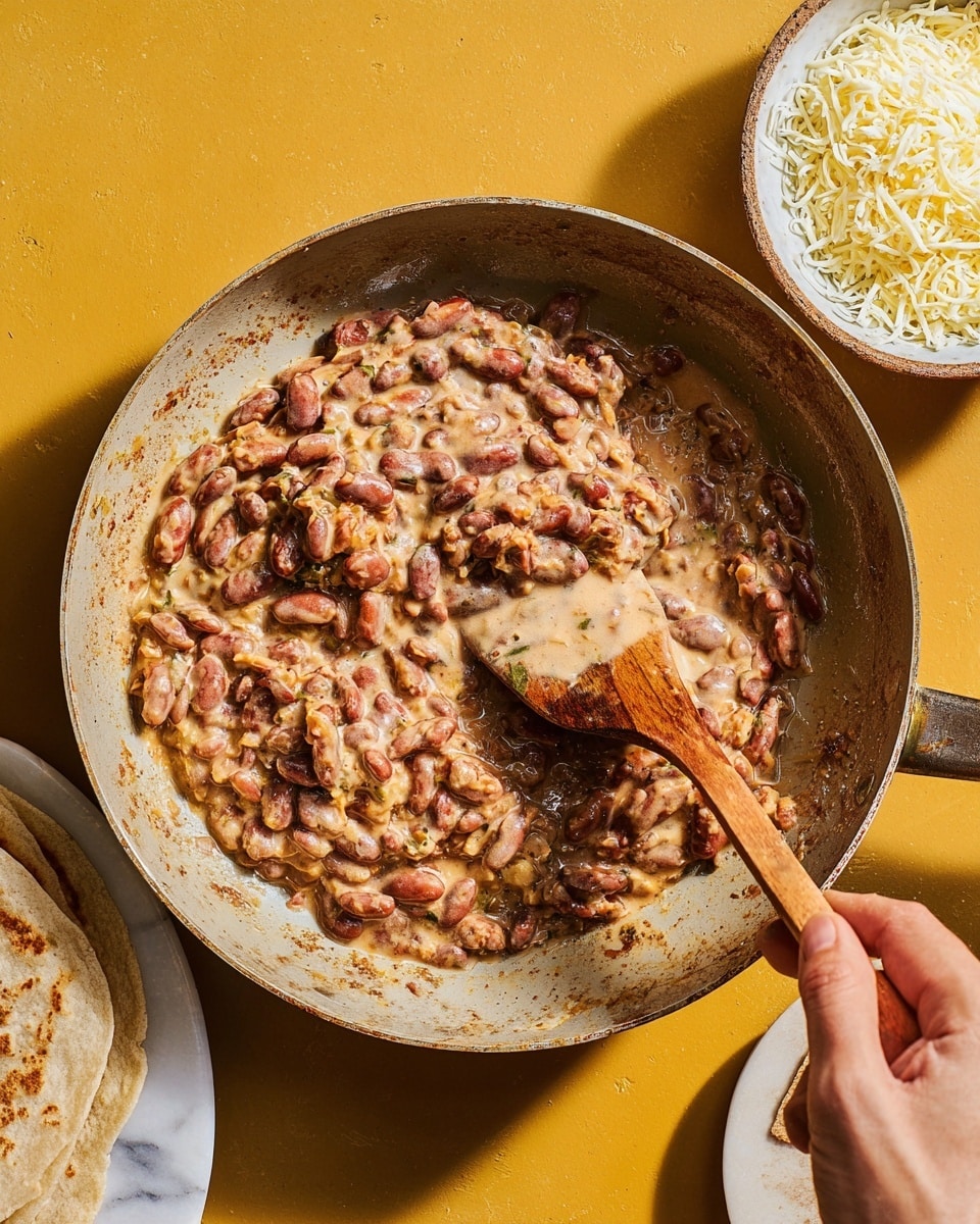 A round, used frying pan contains cooked beans mixed with a creamy, beige sauce; the beans are mostly whole and reddish-brown, giving a chunky and textured look. A wooden spatula with a burnt spot on its handle stirs the beans, held by a woman's hand at the end of the spatula. Nearby on a white marbled surface, there is a white bowl filled with shredded cheese and a white plate with folded flatbread partially visible. The background is a warm, solid yellow color. Photo taken with an iphone --ar 4:5 --v 7