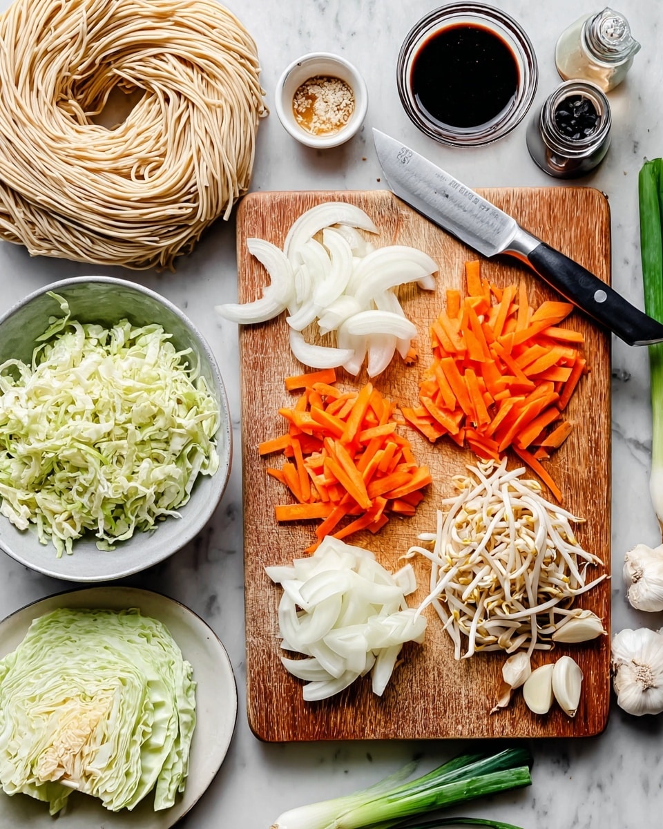 The image shows a wooden cutting board on a white marbled surface, with several fresh ingredients ready to cook. There are divided piles of thinly sliced and thicker pieces of bright orange carrot on the board, next to a neat pile of white onion slices. A large cleaver with a black handle rests on the board near the carrots. Surrounding the board, there is a round bundle of light beige noodles placed on the left, a small white bowl filled with pale green shredded cabbage below the board, and a small dark bowl with white bean sprouts at the bottom right corner. A few garlic cloves and small glass bottles with dark liquid are near the top right corner of the board. Long green onions and a quarter piece of green cabbage appear on a white oval plate in the bottom left part of the frame. The background is a clean white marbled surface. Photo taken with an iphone --ar 4:5 --v 7