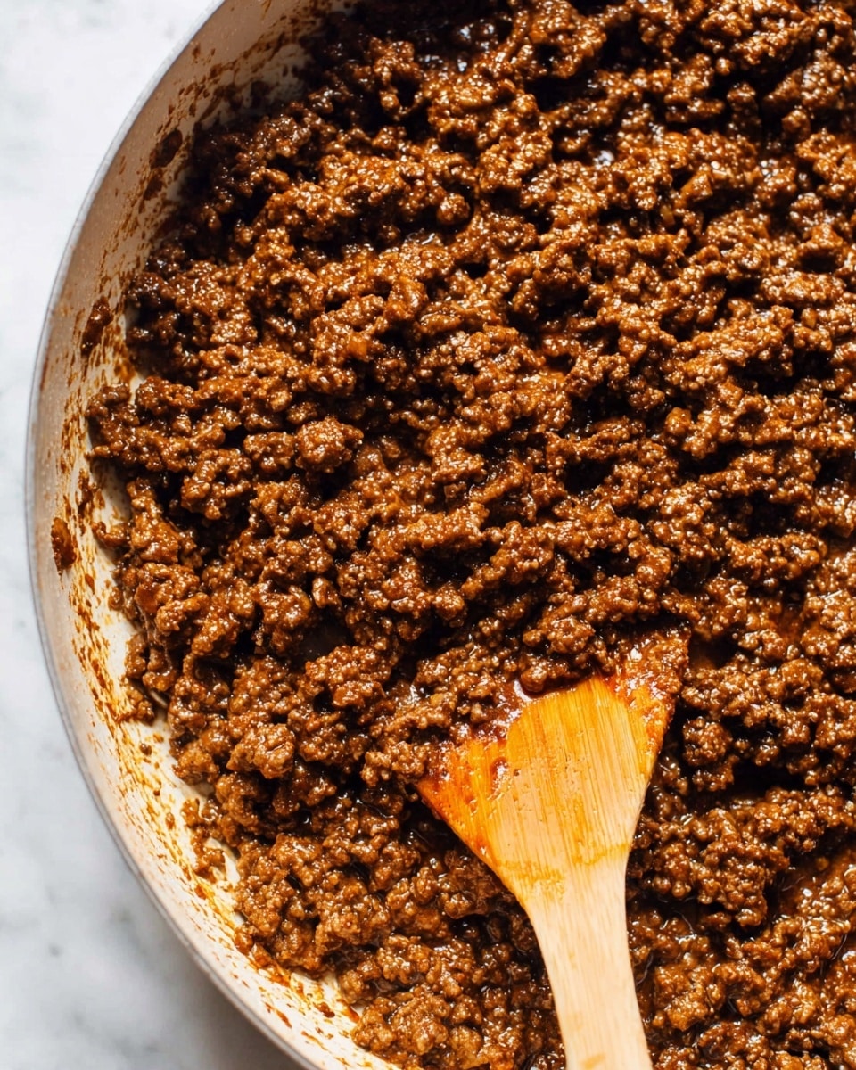 The image shows a close-up view of cooked ground beef in a white pan. The beef is crumbly and well mixed, with small, finely broken pieces that are dark brown with some shining spots from the sauce or oil. A wooden spoon with sauce stains is partially visible, sitting inside the pan on the right side. The background is a white marbled texture. photo taken with an iphone --ar 4:5 --v 7
