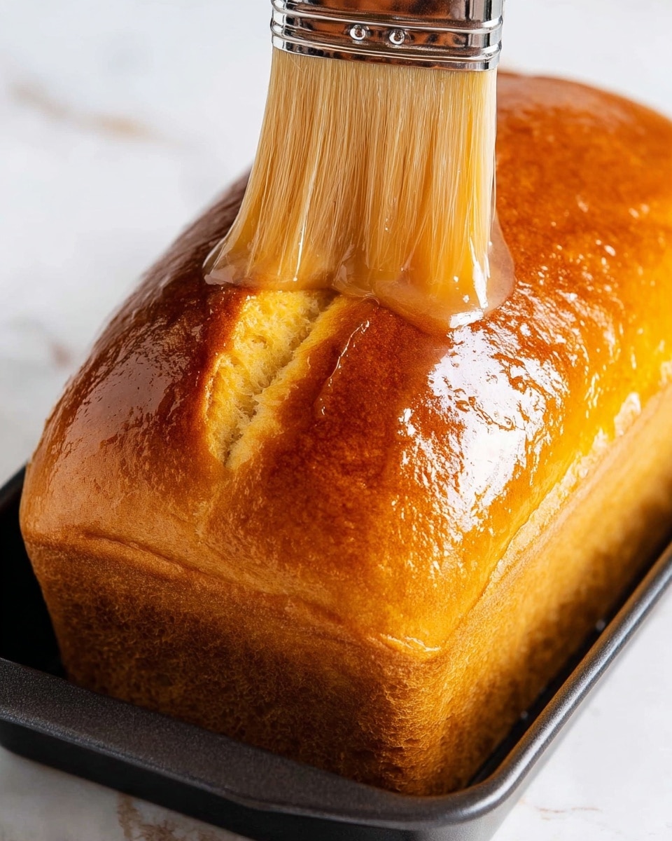A close-up image of a golden brown loaf of bread being brushed with a shiny glaze. The bread has a smooth, shiny surface with a small slit on top showing a lighter yellow inside. It sits in a black rectangular pan placed on a white marbled textured surface. A brush with light brown bristles gently applies the clear, glossy coating on the top of the loaf. Photo taken with an iphone --ar 4:5 --v 7