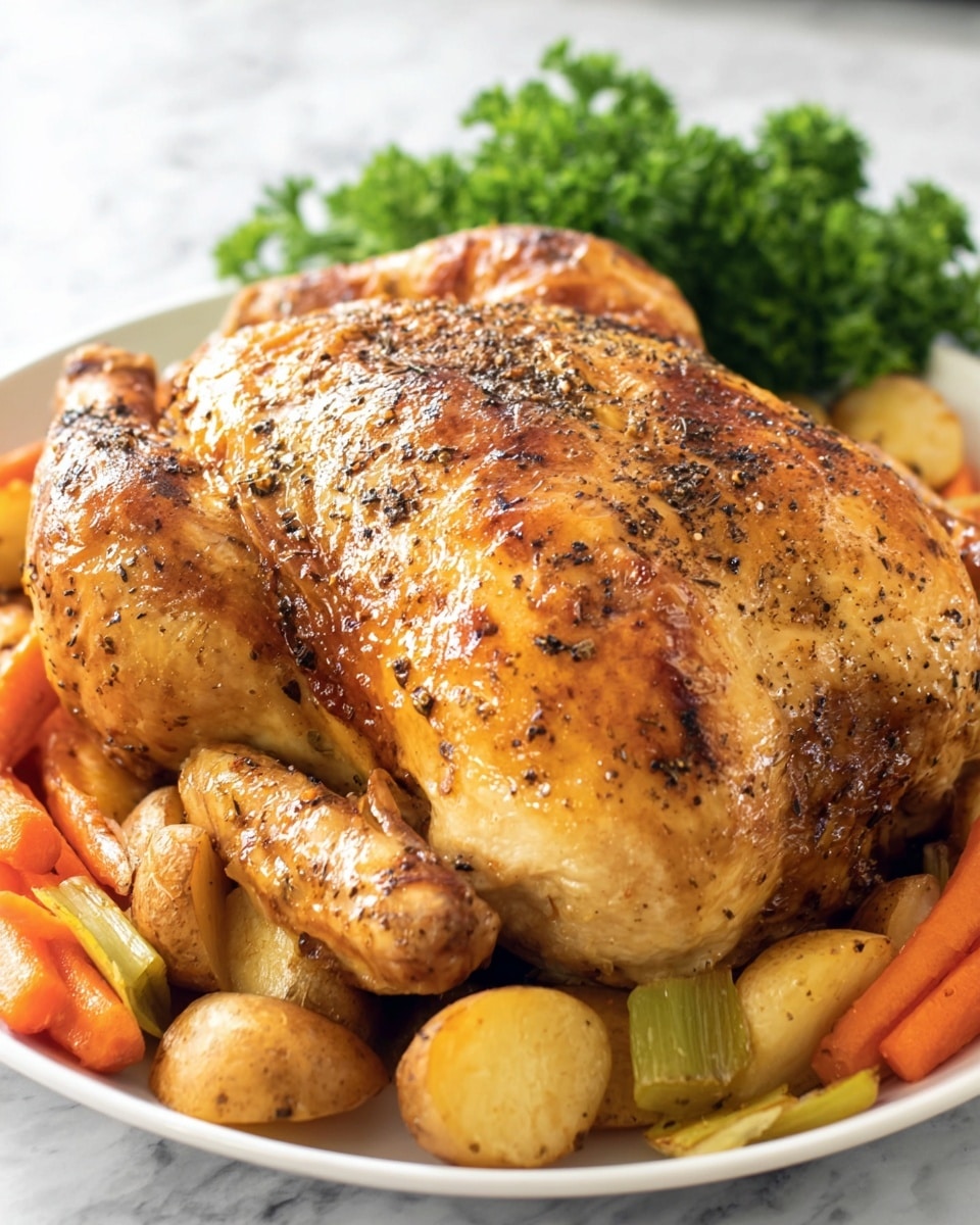 A whole roasted chicken with golden brown skin covered in visible black pepper and seasonings sits in the middle of a white plate. The chicken has a crispy texture with shiny areas of roasted fat. Surrounding the chicken, there are three types of roasted vegetables: bright orange baby carrots, light golden baby potatoes with a slightly crispy skin, and pale green celery pieces. Behind the chicken, a small bunch of fresh green parsley adds a pop of color. The plate is placed on a white marbled surface, making the warm colors of the dish stand out vividly. Photo taken with an iphone --ar 4:5 --v 7