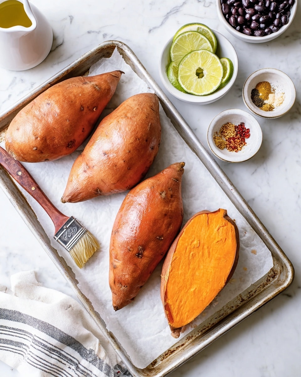 A metal baking tray lined with white parchment paper holds four whole sweet potatoes and one half sweet potato. The sweet potatoes have a smooth, shiny orange-brown skin, with one cut in half revealing a bright orange inside. To the top right of the tray, there are three small white bowls on a white marbled texture: one bowl has lime and lemon wedges, another bowl contains a mix of spices with brown, red, yellow, and white colors, and the last bowl shows black beans. To the left of the tray, there is a small white ceramic jug with olive oil and a brush with a wooden handle lying on the tray. A white and gray striped towel is partially visible at the bottom left corner. Photo taken with an iphone --ar 4:5 --v 7