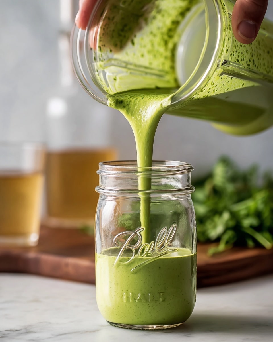 A close-up image shows a woman's hand holding a blender cup tilted to pour smooth, thick green sauce into a clear glass jar with the word